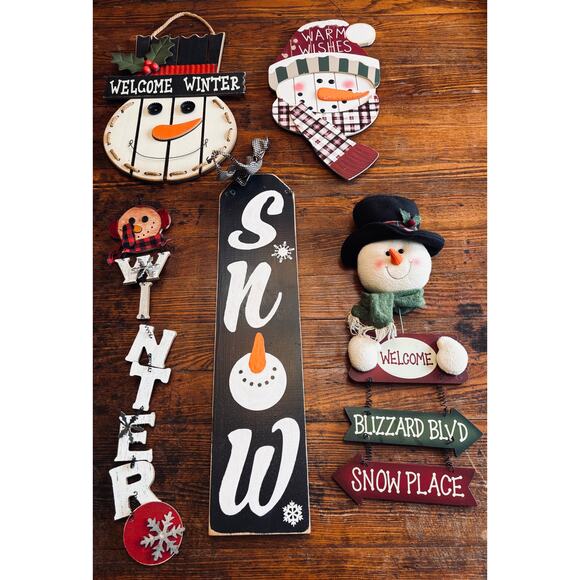 Lot of 5 Winter Snowman Wooden Signs - Picture 1 of 8